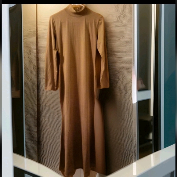un branded Dresses & Skirts - Women Tan Long Maxi Jersey Dress Solid High Neck Zip Up Flared Bodycon Dress